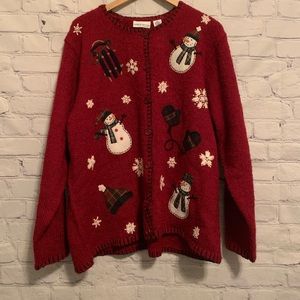 Christmas sweater cardigan with snowmen and snowflakes dark red button front 2X